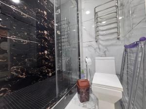 a bathroom with a toilet and a glass shower at Samarkand Premium Apartment in Samarkand +32 photos