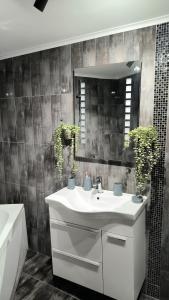 a bathroom with a white sink and a mirror at Centre Budva Blue in Budva +34 photos