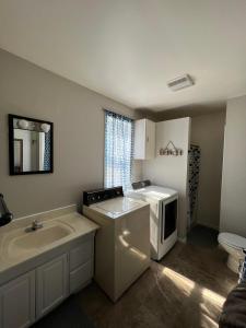 a kitchen with a sink and a washing machine at Brookside Retreat, LLC in Newaygo