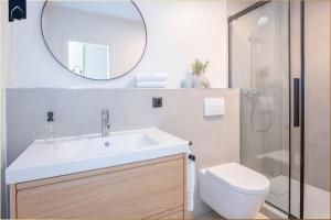 a bathroom with a sink and a toilet and a mirror at Green Village Igelnest in Benz