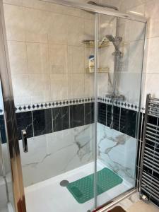 een douche met een glazen deur in een badkamer bij SAI Residence in Ilford