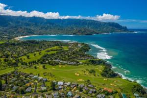 an aerial view of the coast of the ocean at Tradewinds in Princeville