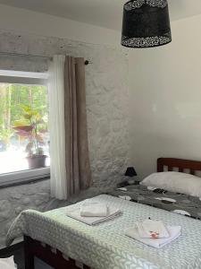 a bedroom with a bed and a window and a lamp at Bujtina Aroma E Malit in Valbonë +55 photos