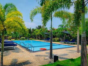 a swimming pool with palm trees and a frisbee at Anukama Resort in Nilaveli