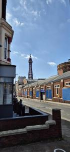 a view of a street with a tower in the background at Apartment 5 in Blackpool