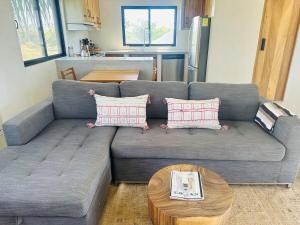 a living room with a gray couch and a table at Casa Asombro - 3-bed villa in Pueblo Pescadero in El Pescadero