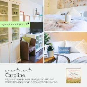 a collage of pictures of a room with a bed and a cabinet at Apartment Caroline - Gemütliche Ferienwohnung mit Pool, Sauna und Hochschwarzwaldcard in Schluchsee