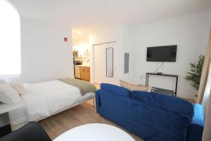 a living room with a blue couch and a bed at The Platinum Downtown Stamford Studio Getaway in Stamford