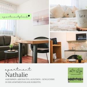 a collage of photos of a living room with a table at Apartement Nathalie - Wellness mit Pool und Sauna in Schluchsee