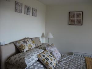 een slaapkamer met een bed en kussens erop bij Swallow Barn in Llanwrtyd Wells