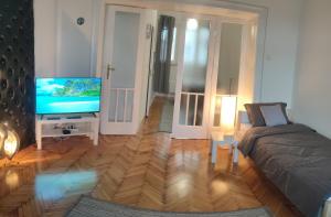 a living room with a bed and a flat screen tv at Vuk 1 in Belgrade
