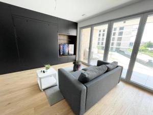 ルクセンブルクにあるCharming central studio with terrace and parkingのソファとテレビのあるリビングルーム