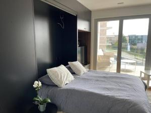ルクセンブルクにあるCharming central studio with terrace and parkingの大きなベッドと枕のある寝室