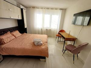 a bedroom with a bed and a table and a desk at Relax Apartament in Arad