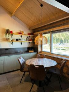 a kitchen with a table and chairs and a light fixture at HoeveLieshout - Lux 4 persoons platteland appartement in Weert