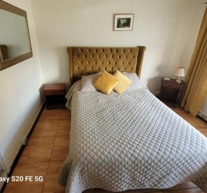 Una cama con dos almohadas encima en un dormitorio. en Hostal De La Esquina 497, en Chillán