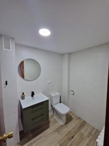 a bathroom with a toilet and a sink and a mirror at Mirador la Jardinera- céntrico con parking privado GRATIS in Teruel +30 photos