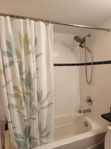 バンクーバーにあるModern High-Rise 1 Bedroom Condo with water view near stadiumsのバスルーム(シャワーカーテン、バスタブ付)
