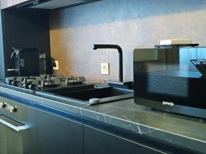 une cuisine avec une cuisinière et un évier dans l'établissement Lavish Apartment, à Dej