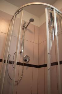 La salle de bains est pourvue d'une douche avec une porte en verre. dans l'établissement Studio 1 1/2, à Contone