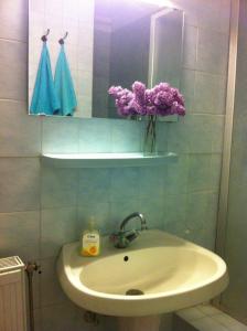 baño con lavabo, espejo y flores púrpuras en Park Vendégház en Kecskemét