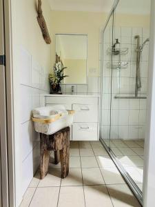 Un baño con lavabo y ducha de cristal. en Kyogle Farmstay - Charming Country Cottage, en Homeleigh