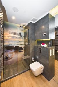 a bathroom with a toilet and a shower at Staywin Dream Island in Gdańsk