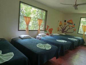 three blue beds in a room with a window at El Panchan in Palenque