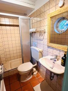 a bathroom with a toilet and a sink at Ferienhaus Lüneburger Heide mit Therapiemöglichkeit in Jelmstorf +33 photos