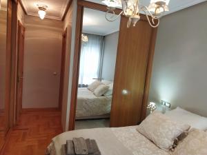 a bedroom with a mirror and two beds in it at Céntrico apartamento Oviedo Parking y wifi gratuitos Admite mascotas in Oviedo
