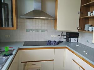 a kitchen with white cabinets and a counter top at Gite la Blanche in Ogy