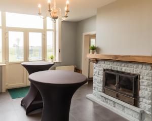 a living room with a fireplace and a table and chairs at Gite la Blanche in Ogy