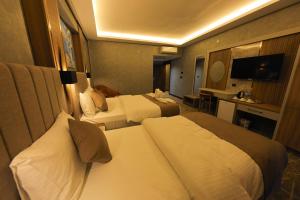 a hotel room with two beds and a television at Mir Emir Hotel in Bostaniçi