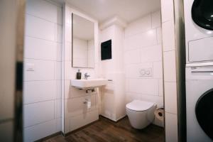 a white bathroom with a toilet and a sink at The Timber Studio in Brienz in Brienz