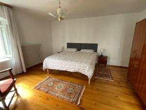 ein Schlafzimmer mit einem Bett und einem Holzboden in der Unterkunft Ciasa Larese, between the lake and the Dolomites in Auronzo di Cadore