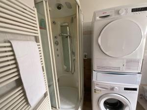 ein kleines Bad mit einer Waschmaschine und einem Spiegel in der Unterkunft Ciasa Larese, between the lake and the Dolomites in Auronzo di Cadore