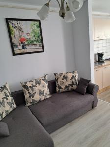 a couch sitting in a living room next to a kitchen at Fiald Apartament Nou in Bacău