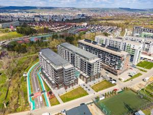 an aerial view of a city with buildings at Almi Aparthotel in Cluj-Napoca