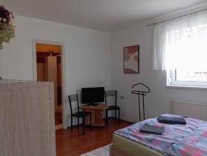 ザラカロシュにあるApartment in Zalakaros 20650のベッドルーム1室(ベッド1台、デスク、椅子付)