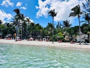 a beach with palm trees and chairs and umbrellas at Sands Beach Villa Flic en Flac in Flic-en-Flac