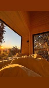 a bedroom with a large window with a view at LAUV Tretopphytter in Eidsvoll