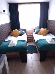 two twin beds in a room with a window at Apartament Dziesiątka in Bolesławiec