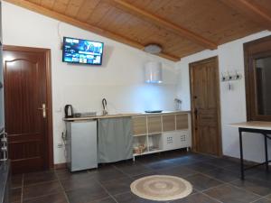 a kitchen with a sink and a tv on the wall at CAN VICENS in Caldes de Malavella