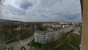 an aerial view of a city with a building at Apartament Dziesiątka in Bolesławiec