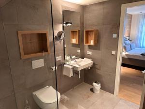 a bathroom with a toilet and a sink and a shower at Villa Alpjuwel in Oberstdorf +37 photos