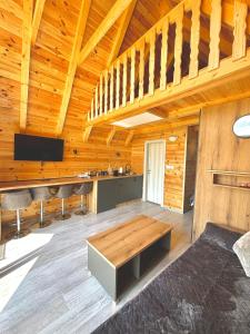 a living room with wooden walls and a wooden ceiling at Eternum Glamping in Žabljak