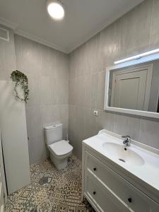 a bathroom with a toilet and a sink and a mirror at Casa Mouro Somo - Surf y playa in Somo +8 photos