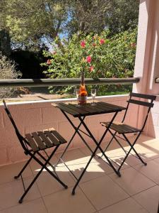 a table and two chairs with a bottle and a glass at Elqui Antu in Vicuña