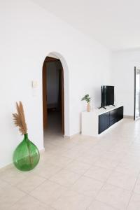 a living room with a vase and a tv at Petralia's Apartment in Skiathos National Airport