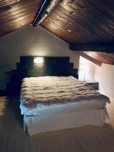 a bedroom with a large bed with a wooden ceiling at Mansarda a pochi km da Milano in Gessate